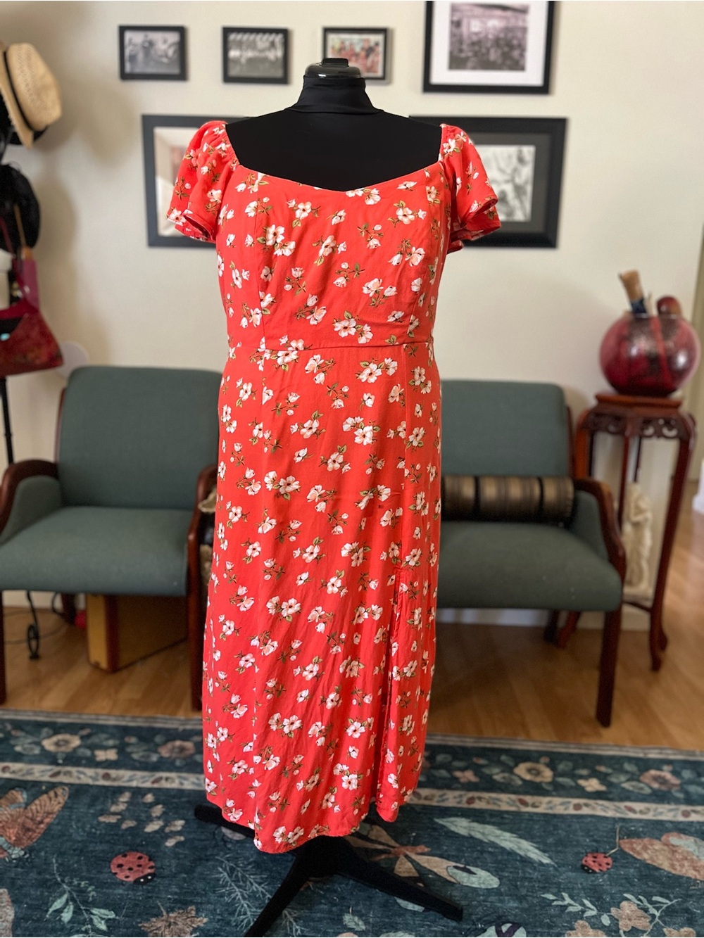 Old Navy Red Floral Midi Dress with Puff Sleeves